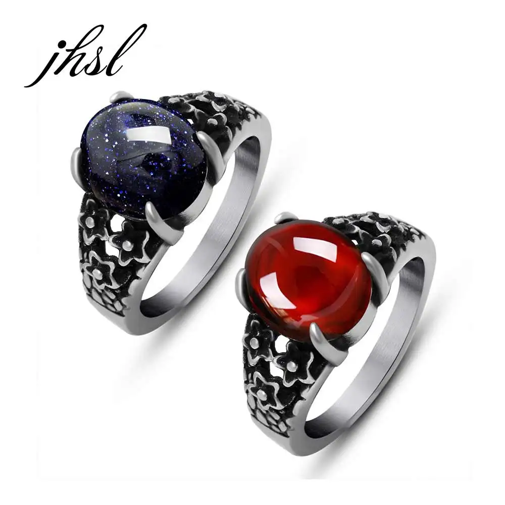 

JHSL Men Rings Red Blue Round Stone Stainless Steel Fashion Jewelry Christmas Gift Wholesale US Large Size 6 7 8 9 10 11