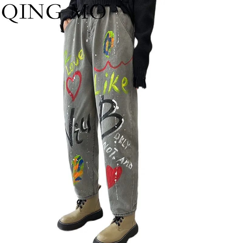 

Женские прямые джинсы с высокой талией QING MO, повседневные брюки-султанки с надписью, осень 2021