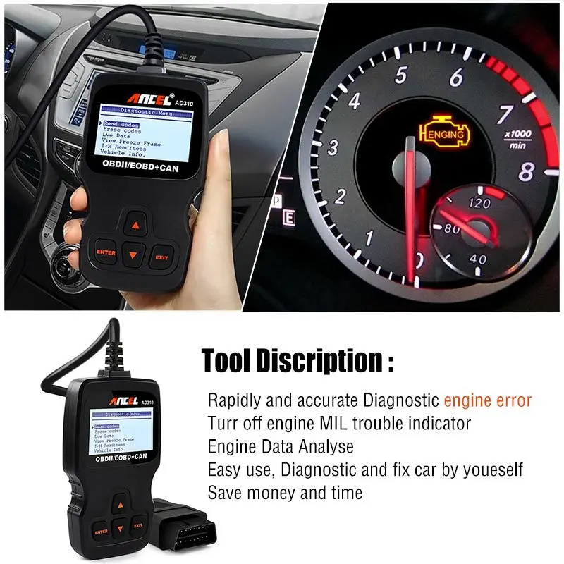 Автомобильный сканер Ancel AD310 OBD2 диагностический инструмент Obdii считыватель кодов