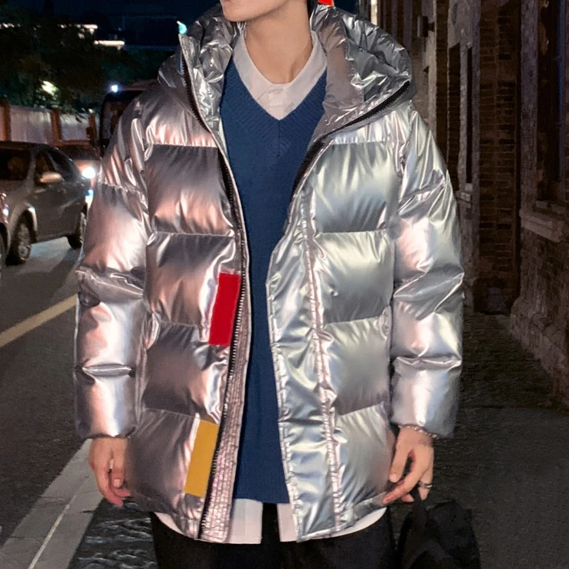 

Coated Shell Men Padded Winter Jacket 2021 New Stand Collar Hooded Thick Coat Wadded Male Outerwear Silver / Black