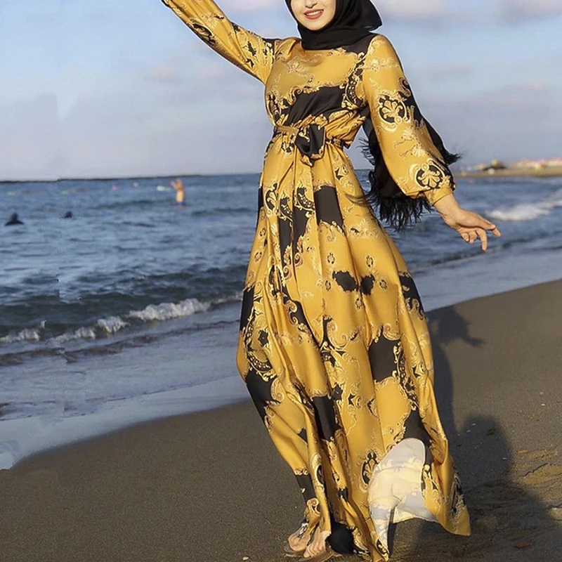 Платье в британском стиле для мусульманской женщины с поясом и принтом, платье для молитвы в мечети, элегантное и благородное платье для веч...
