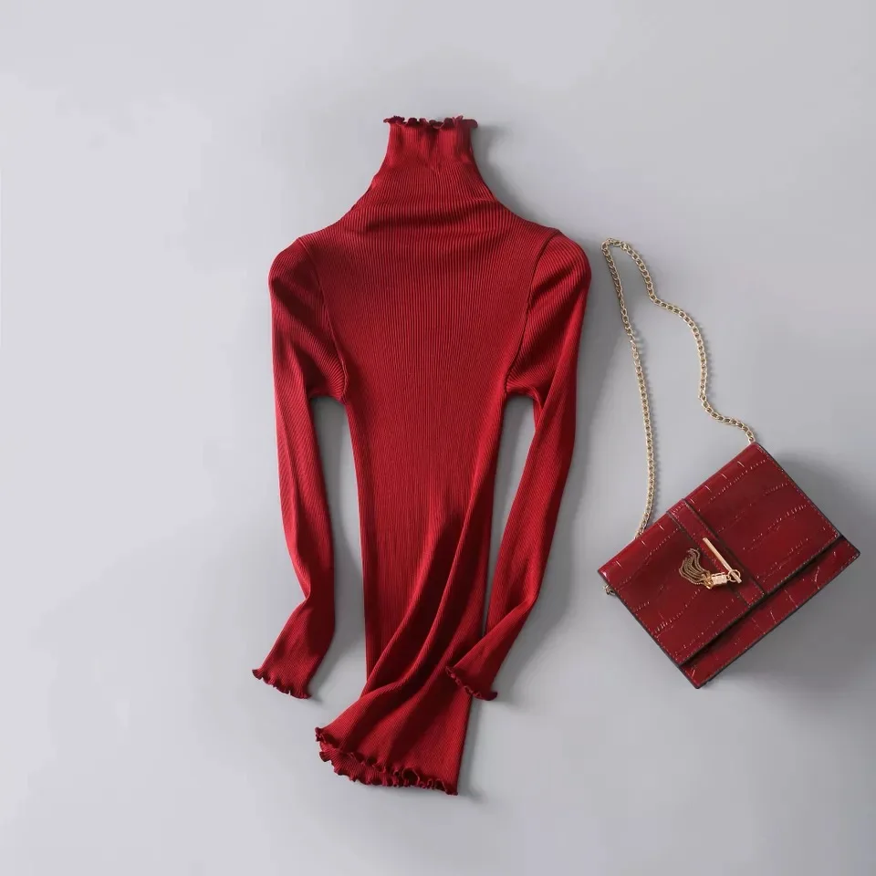 red 80% шелк, 20% хлопок, эластичная трикотажная Базовая рубашка с длинным рукавом и высоким воротником, SG311 - Цвет: red