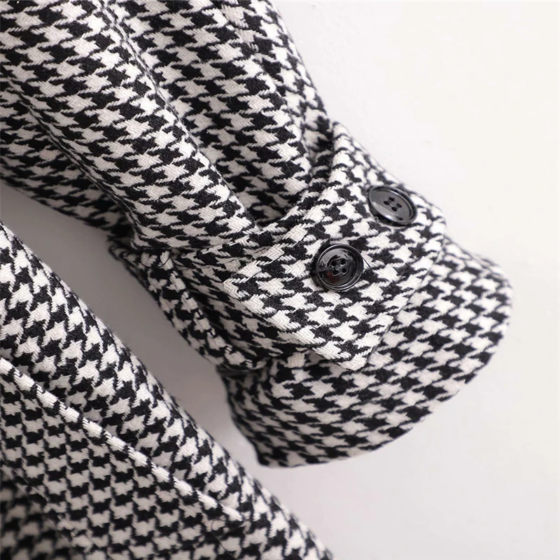 

Retro ladies jacket black plaid with puff sleeves and belt elegant classic casual look spring autumn winter