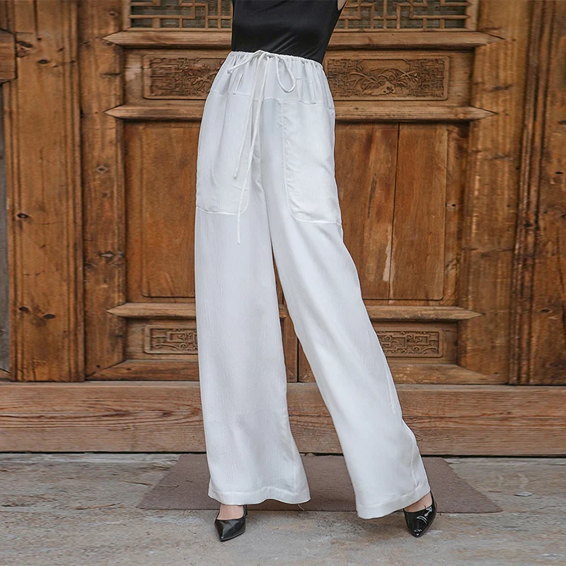 VOA 2020 Летние Новые поступления белые шелковые широкие брюки со шнуровкой женские