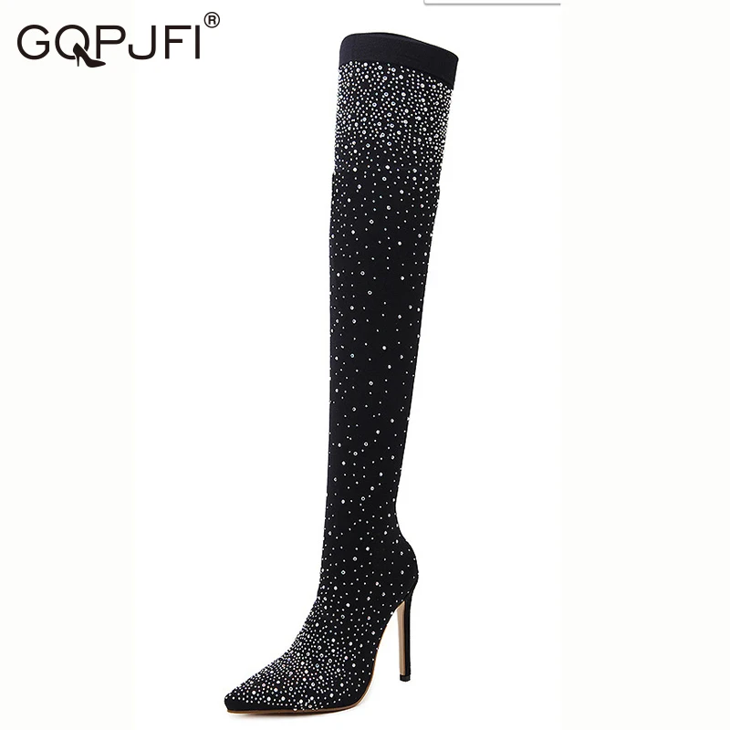 New European Style Spring Autumn Women's Boots Rhinestone Decoration Fashion Sexy Women's Shoes Comfortable Elastic Fabric Boots