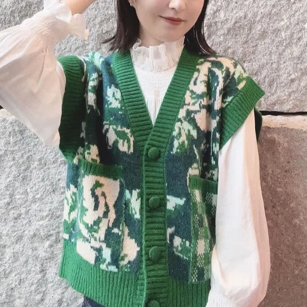 

BBWM 2021 Новинка, Женский винтажный свитер с V-образным вырезом и зеленым крючком, милый жилет для девушек, милый Повседневный пуловер, свободны...