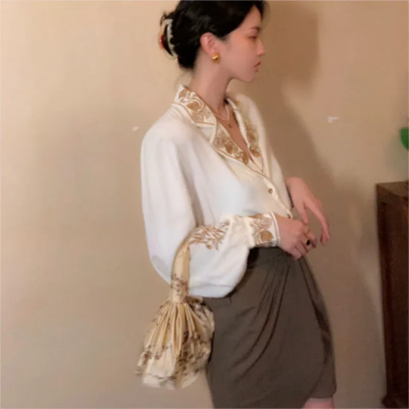 Блузка Женская Офисная с длинным рукавом элегантный цветочный топ повседневная