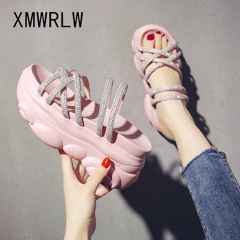 Шлепанцы женские XMWRLW летние однотонные на высоком каблуке стразы | Обувь