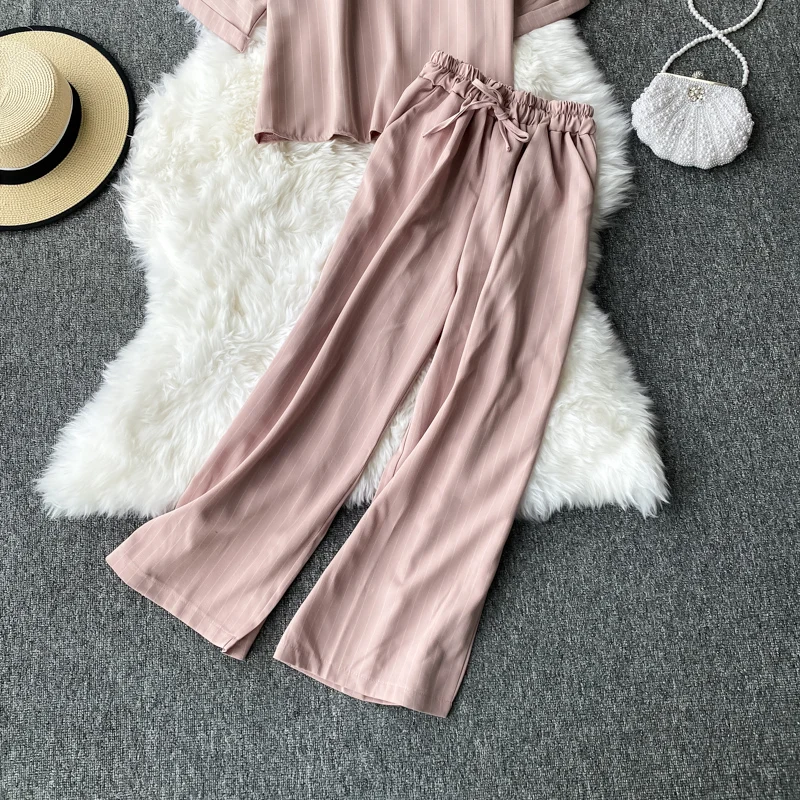 

Vintage Striped Two Piece Set Elegant Round Neck Short Sleeve Red/Pink Short T-shirts And Wide Leg High Waist Pants Fashion 2020