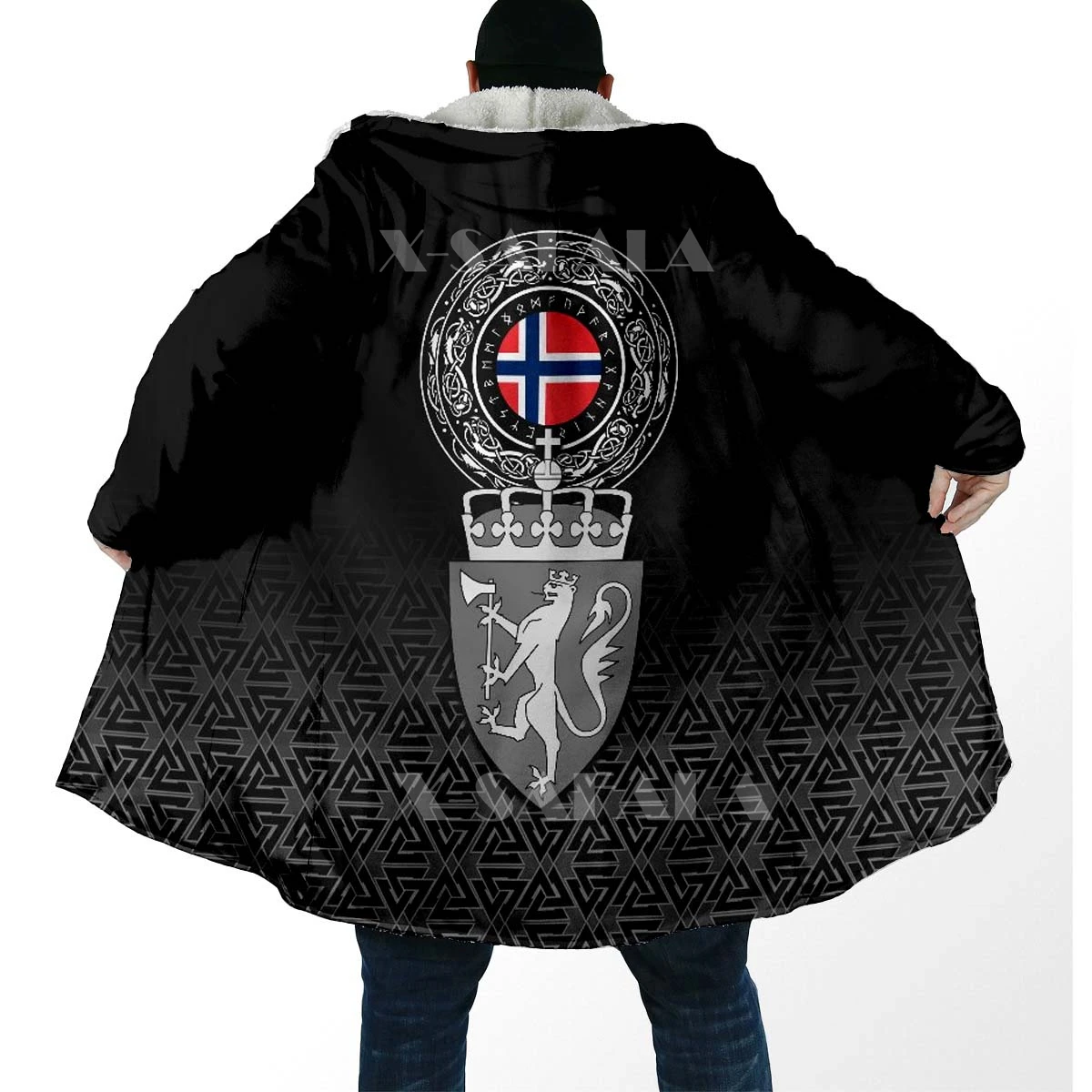 

Viking Norway Coat Of Arms All Over 3D Printed Topcoat Overcoat Thick Warm Hooded Cloak Coat for Men Topcoat Windproof Fleece