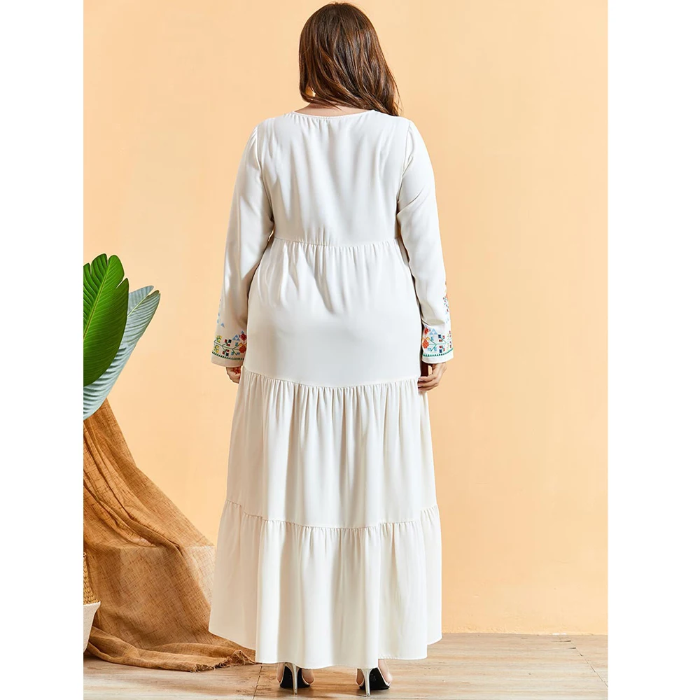 

Muslim Women Embroidery Long Dress Ethnic Long Sleeve Maxi Robe Islamic Clothing Ramadan Dubai Plus Size Middle East Turkish New