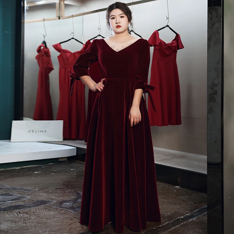 

New Evening Dress Burgundy Lace V-Neck Three Quarter Sleeves Floor-Length A-Line Simple Plus Size Women Party Formal Gowns D450