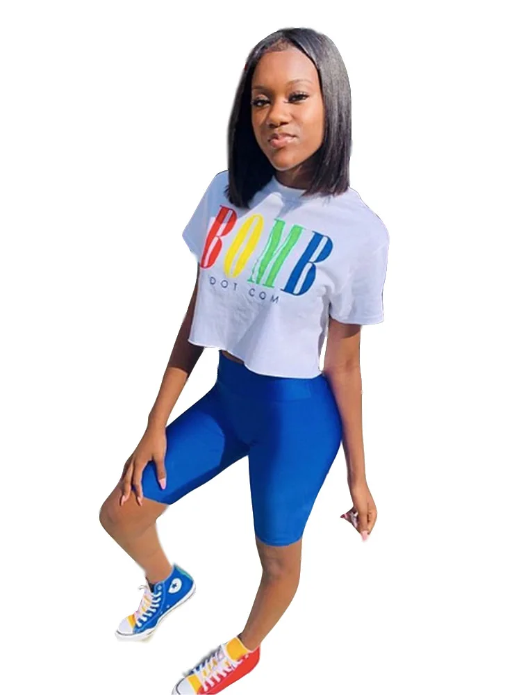 Летний женский комплект из 2 предметов с цветными буквами топ круглым вырезом и