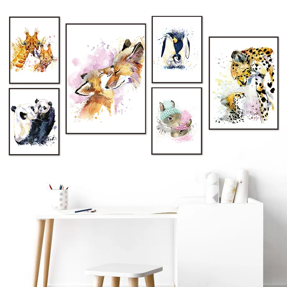Цветные панды кролик Пингвин Жираф лиса Леопард скандинавские плакаты и печать