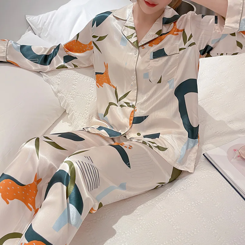 2021 New Pajamas Women's Spring Autumn Ice Silk Long Sleeve Two Piece Thin Sexy Loose Silk Like Home Clothes Pajamas for Women