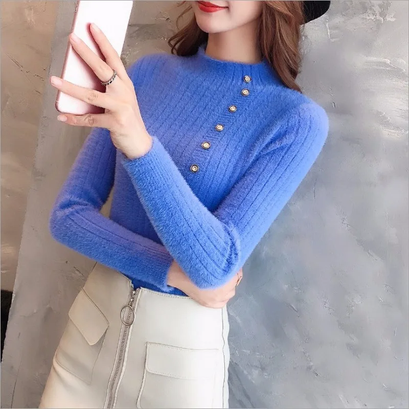 Women's Faux Mink Velvet Slim Sweater - Warm Knitted Pullover with High Collar and Button Bottom - Solid Color Spring Fashion image 6