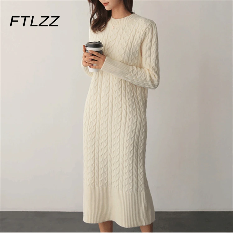 

New Women Vintage Sweater Dress Autumn Winter Straight Solid Korean Knitted Dresses Ladies Elegant Casual Midi Dress Vestidos