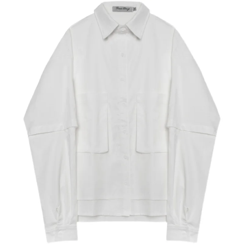 

Men Fake Two Splice Loose Casual Long Sleeve Black White Shirts Japan Korea Style Streetwear Vintage Fashion Solid Color Shirt