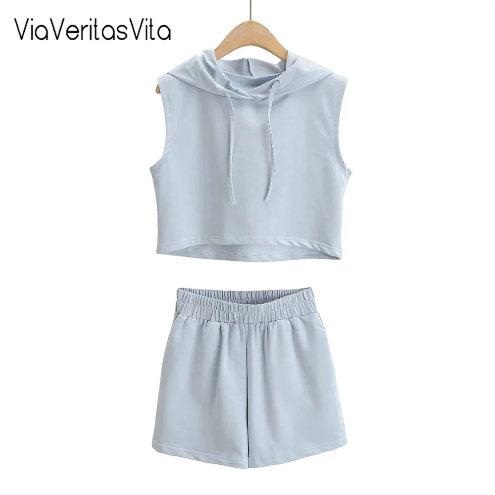 

Женский повседневный комплект из двух предметов, серая и черная укороченная Толстовка без рукавов с капюшоном и шорты с высокой талией и эл...