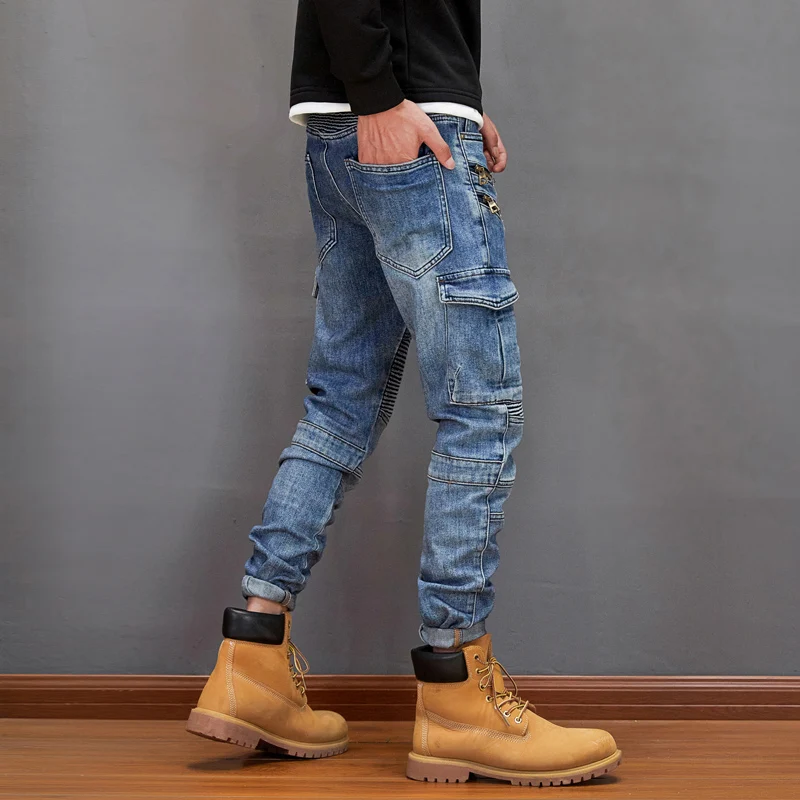 American Street Fashion Men Jeans Retro Blue Slim Fit Spliced Designer Biker Jeans Men Big Pocket Zipper Designer Hip Hop Pants