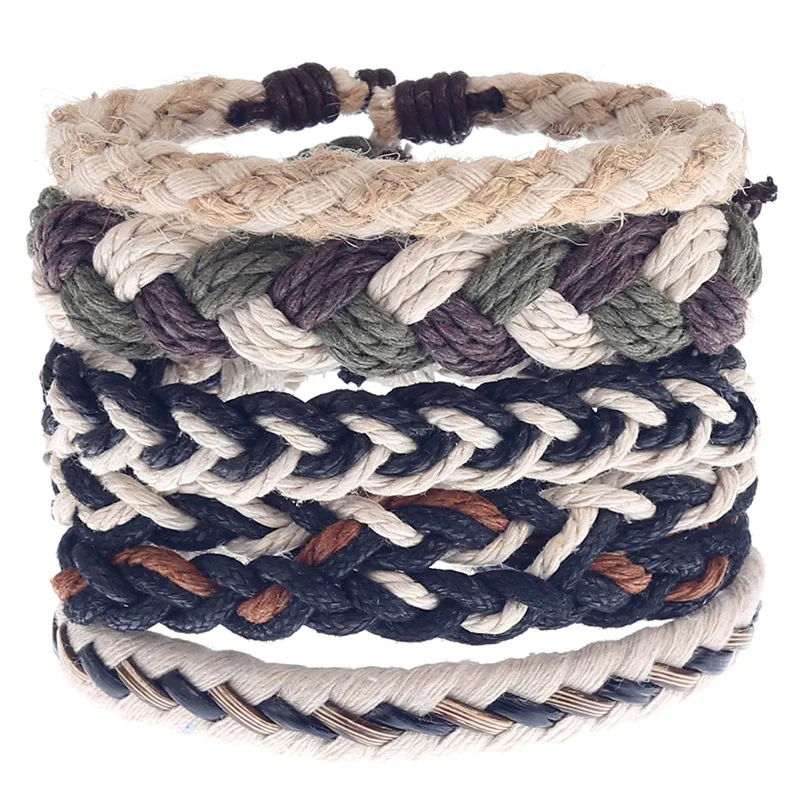 

Popular retro simple fashion hand knitted cowhand bracelet for men leather hand rope bracelet