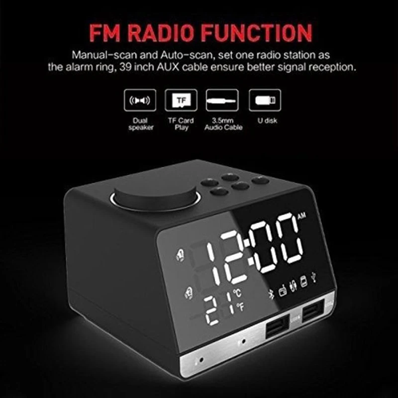 

Alarm Clock FM Bluetooth LED with 2 USB Port,Support TF Card,UK Plug