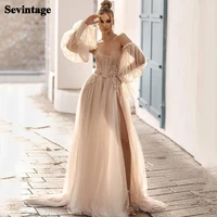 sevintage bohemian high side split wedding dresses puff sleeves appliques lace wedding gown backless boho bridal dress