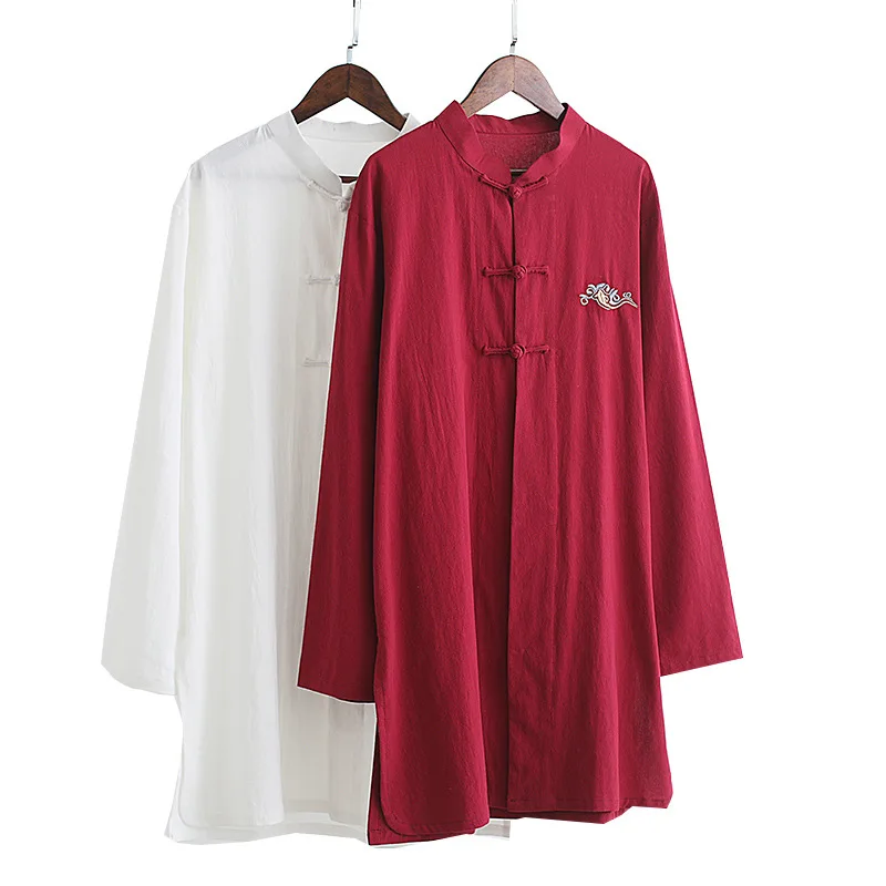 

Cotton Men's Long sleeves Solid Color Drape Shirt Retro Chinese Style Mens Casual Kung Fu costumes Mens Shirts Leisure Style