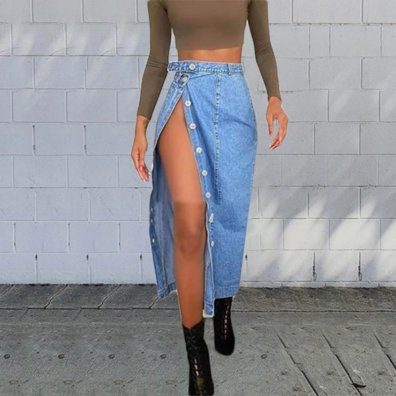 

Retro Women's Button Casual Denim Skirt High Split Sexy Slim Temperament Straight Tube Bag Hip Long Skirt Women's Streetwear