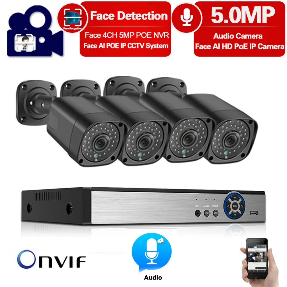 HD 5MP POE NVR Kit 4CH CCTV Камера Системы аудио наружная IP домашней охранной сигнализации