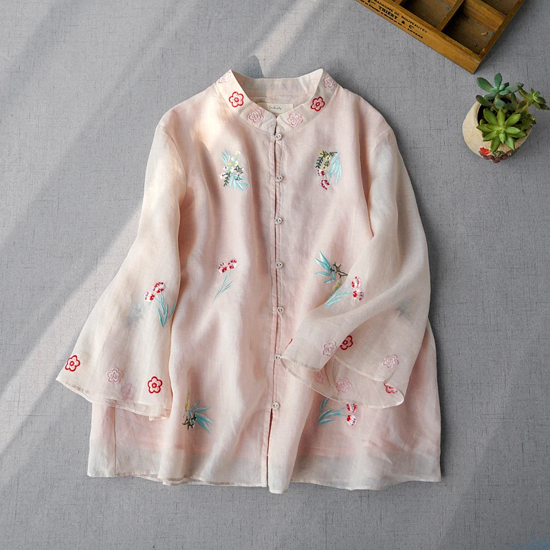 Spring Summer New Arrivals Women All-match Loose Plus Size Embroidery Comfortable Water Washed Thin Light Ramie Shirts/Blouses