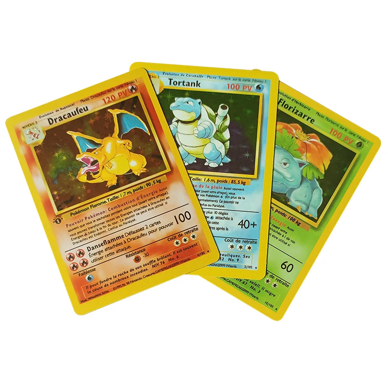 Tarjetas Flash de Pok&eacute;mon para ni&ntilde;os, juguete de colecci&oacute;n en ingl&eacute;s franc&eacute;s de 1996 a&ntilde;os, Charizard, Blastoise, Venusaur, Pikachu-0