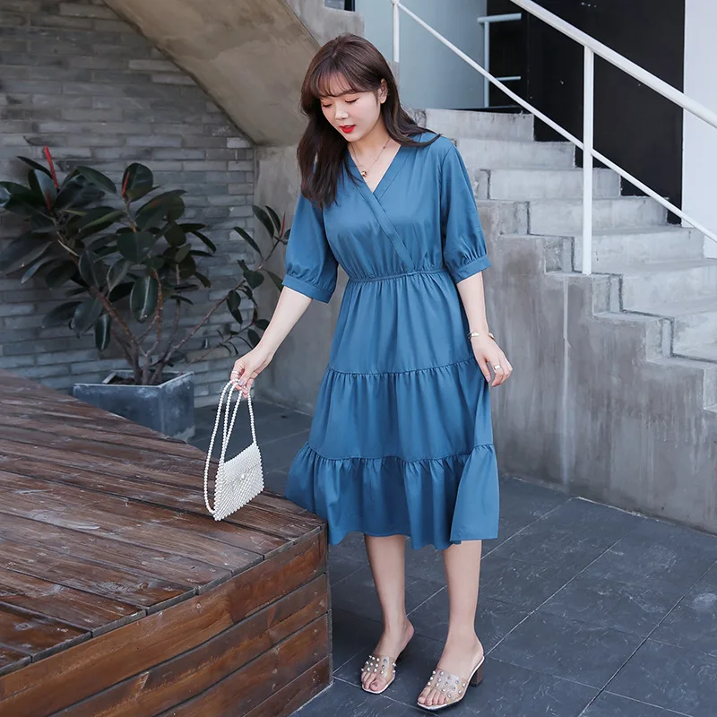 

Solid Color V-neck Sexy Short Sleeve Summer Dress Loose Casual Long Women Dresses 2020 Causal Korean Dress vestidos