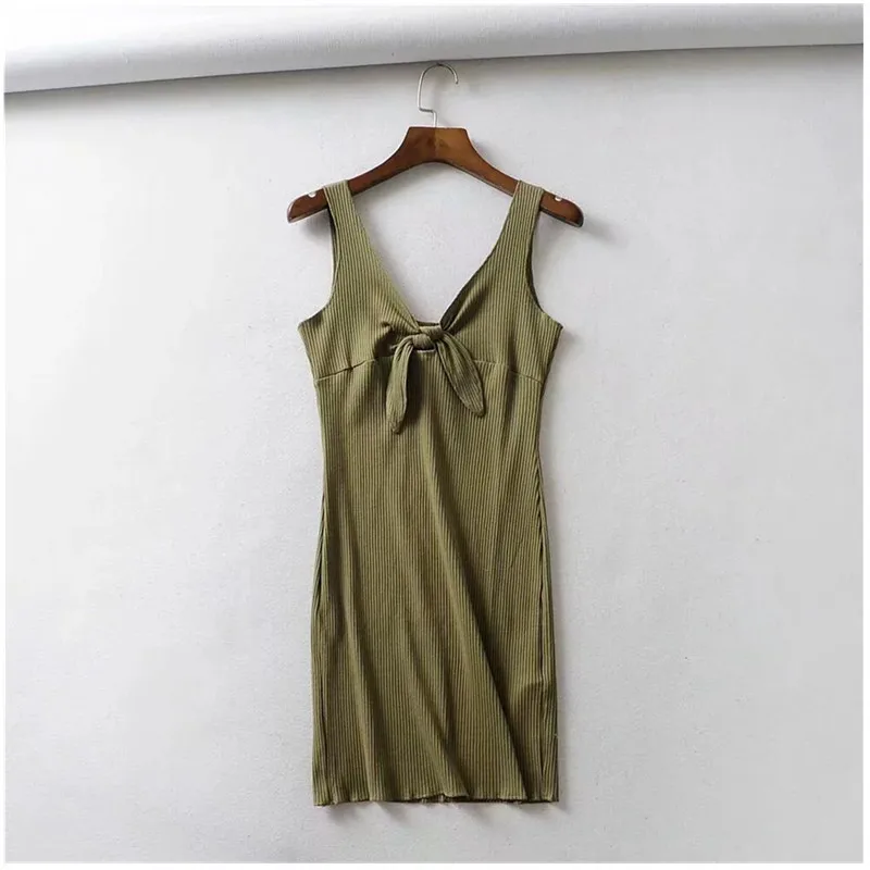 

European and American Ins Bloggers Same Style Women's Summer Front Knotted Sheath Dress Vacation Style Solid Color Slip Dress