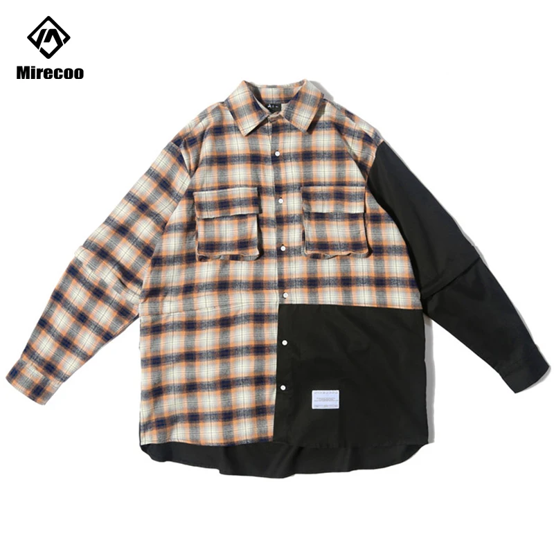 Mirecoo Мужская рубашка в стиле пэчворк клетчатая с длинным рукавом для мужчин