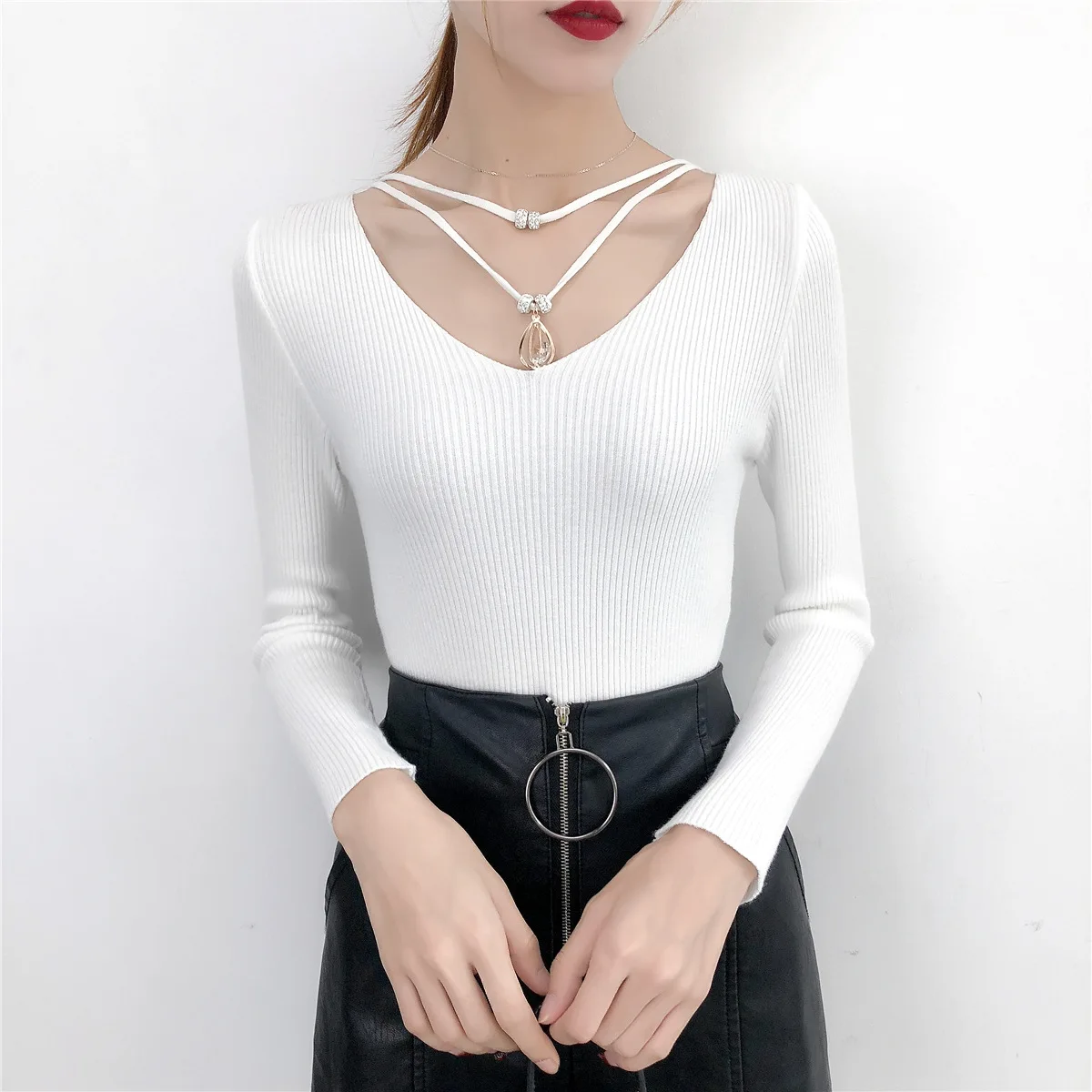 

Sweater Women Long Sleeve Slim Solid Knitted Women Pullover Sweater 2020 Autumn Winter White