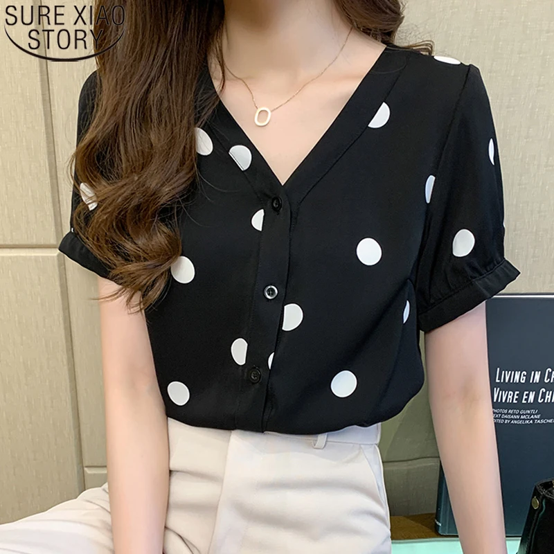 

Office Lady Fashion Polka Dot Chiffon Blouse Women Shirts V Neck 2022 Summer Short Sleeve Tops Casual Print Clothing 13899