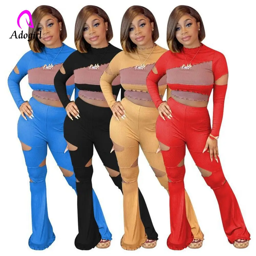 

Однотонный женский комплект из 2 предметов, эластичный Трикотажный костюм в рубчик, укороченный Топ с длинным рукавом и леггинсы с вырезами ...