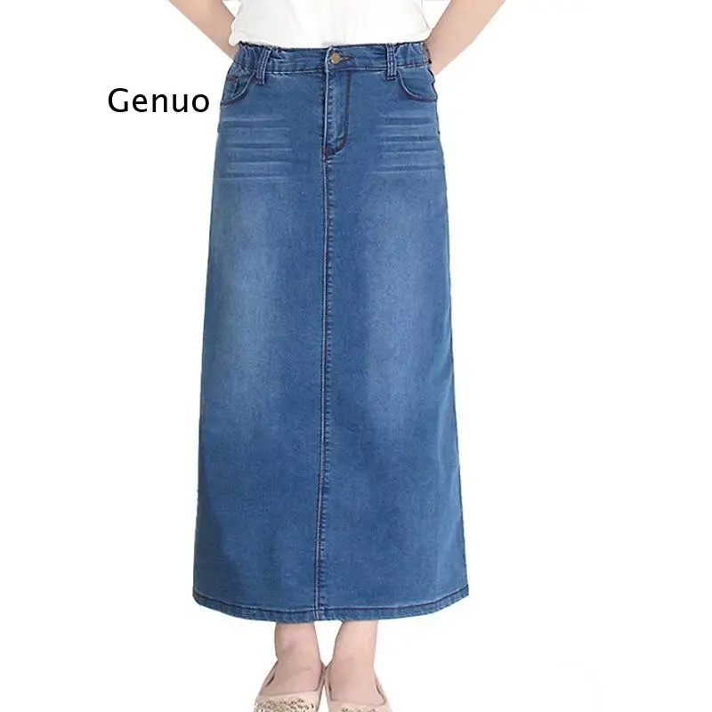 

New Fashion Large Size High Waist Elasticity Denim Skirt Women Summer X-Long Jeans Skirts Female Casual A-Line Skirts