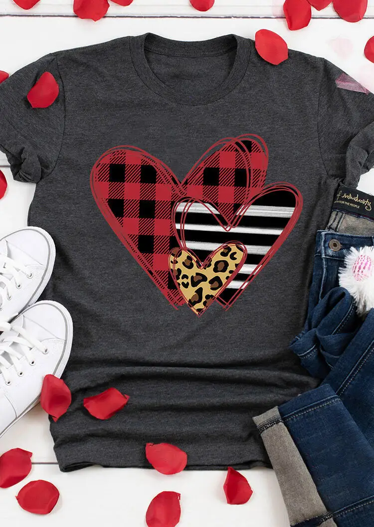

Carney Valentine's Day top Plaid leopard love short sleeve T-shirt