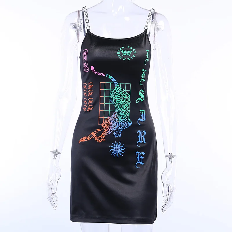 

Spaghetti Strap Bodycon Printed Black Summer Dress Women Ladies Gothic Dresses Party Club Mini Dress Vestido L0977