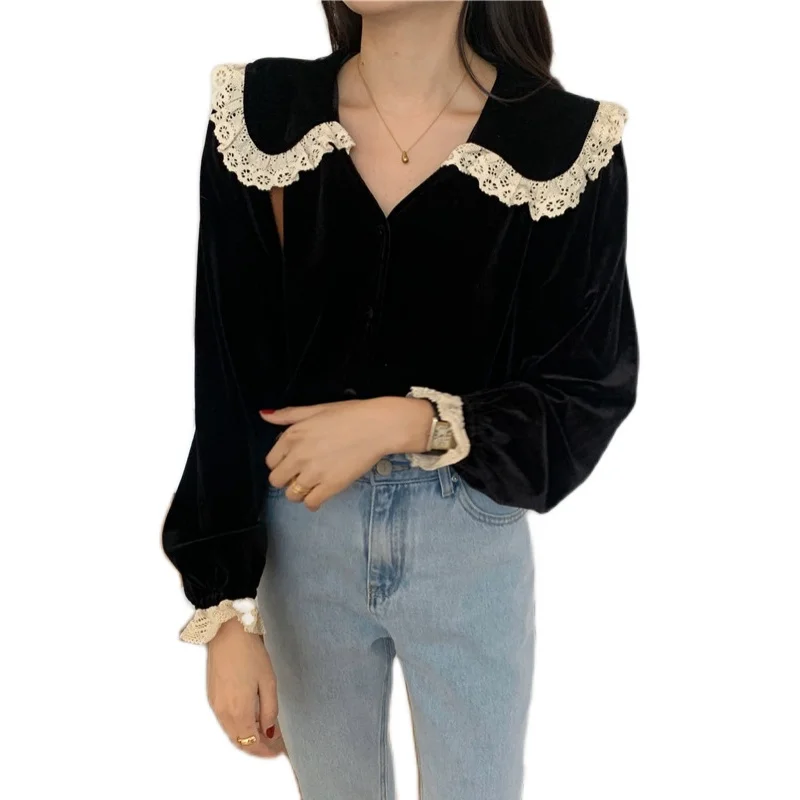 

COIGARSAM Vintage Shirt Womens tops V-Neck Women shirts Black 9182