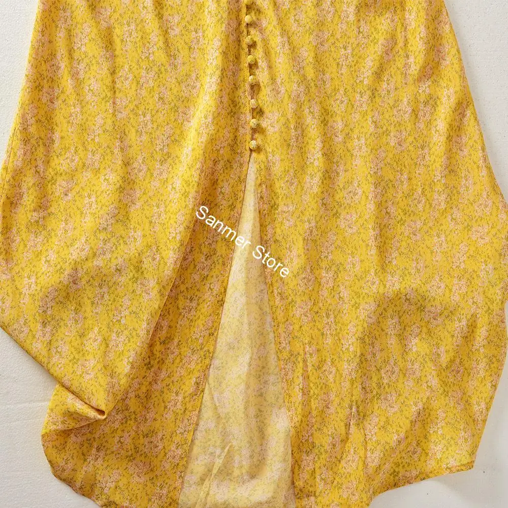 

Women Puff Sleeve Mid-calf Dress Split Floral Printing Square Collar Short Sleeve Buttons Fungus Prairie Chic Ladies Long Dress