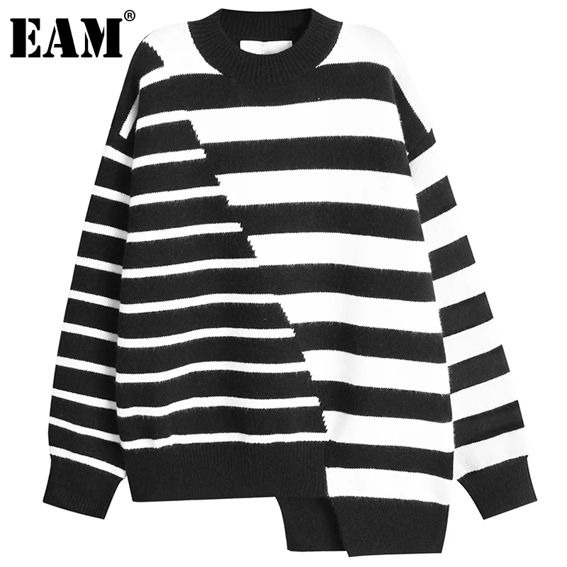 

[EAM] Striped Big Size Knitting Sweater Loose Fit Round Neck Long Sleeve Women Pullovers New Fashion Autumn Winter 2022 1DE4652