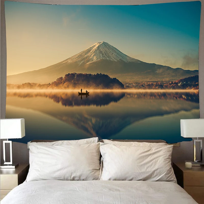 

Forest snow mountain lake scenery cheap tapestry art psychedelic wall hanging beach towel mandala decorative thin blanket yoga