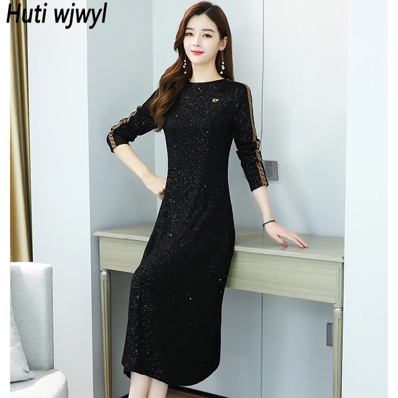 

2022 Vintage Black Midi Sequin Dress Autumn Winter New Chic Casual Runway Maxi Dress Elegant Women Bodycon Party Evening Vestido