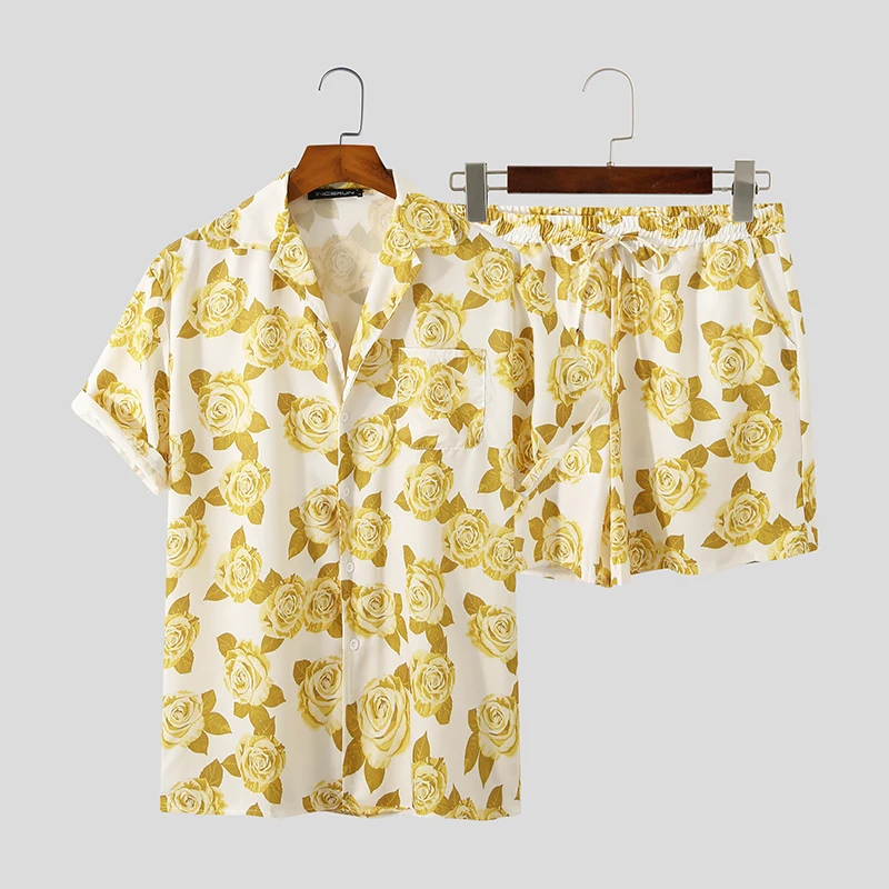 Beach Shorts Streetwear Casual Mens Suit 2 Pieces S-5Xl Men Hawaiian Sets Printing 2021 Summer Short Sleeve Button Shirt