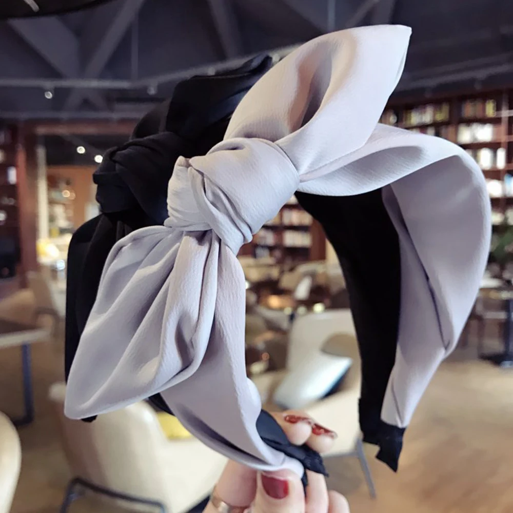 Повязка на голову женская с большим бантом тканевый широкий ободок контрастных