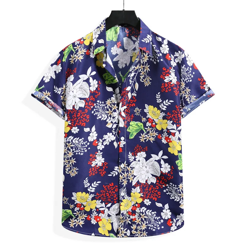 

2021 korean fashion men harajuku summer trend new men's short-sleeved flower shirt casual fashion beach shirt button up