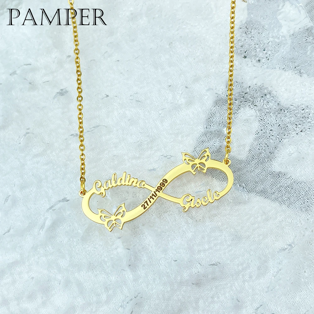 

PAMPER Personalized Custom Infinity Name Necklace Tiny Butterfly Charm Engraved Date ID Pendant Stainless Steel Couple Gift